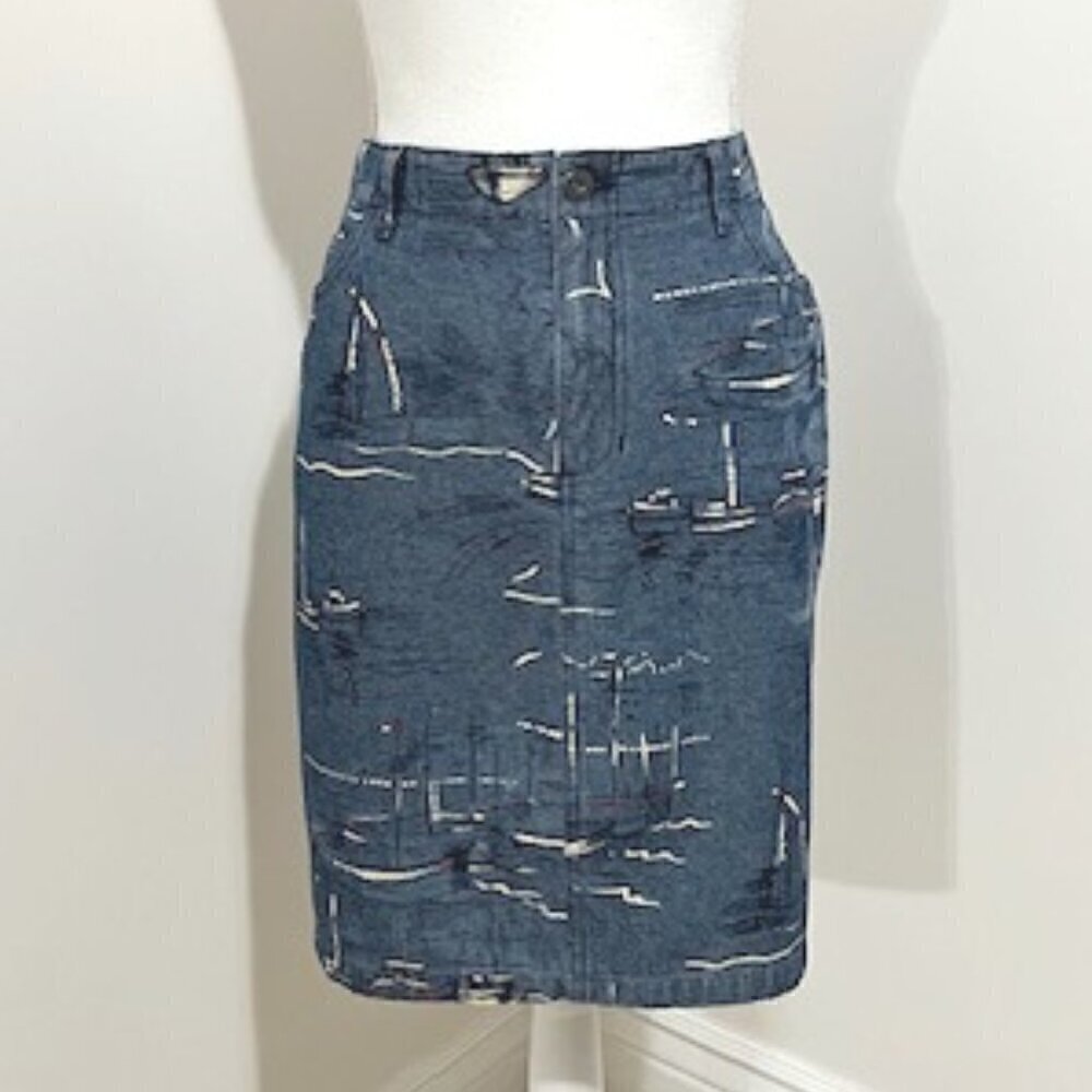 Liz Claiborne Blue Cotton Pencil Skirt Sailboat Print Nautical Coastal